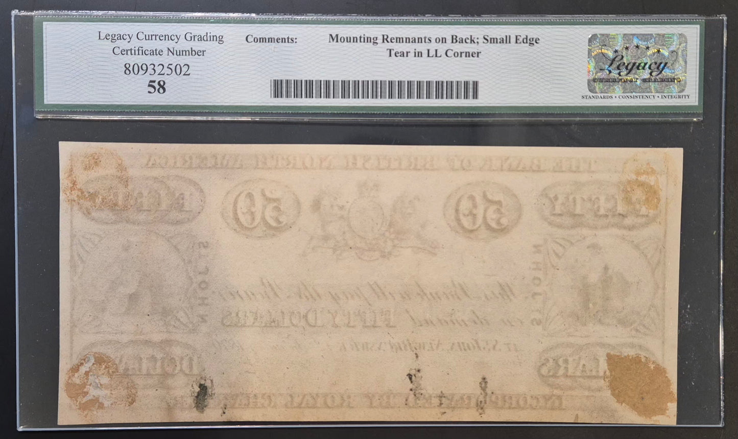 British North America St. John (Canada) 50 Dollars Paper Money 1870 Proof
