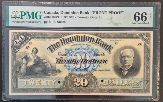Dominion Bank of Canada 20 Dollars Paper Money 1897 Front & Back Proof Set