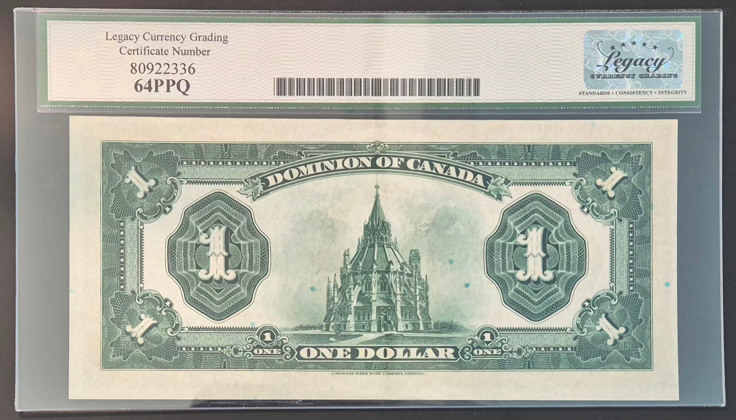 Dominion of Canada 1 Dollar Paper Money 1923E Black Seal Choice UNC64 Plate B218/128