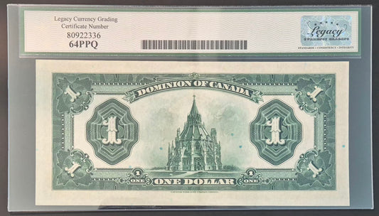 Dominion of Canada 1 Dollar Paper Money 1923E Black Seal Choice UNC64 Plate B218/128