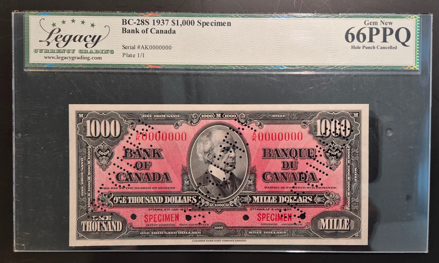 Canada 1937 Specimen Set Paper Money $1 $2 $5 $10 $20 $50 $100 $1000