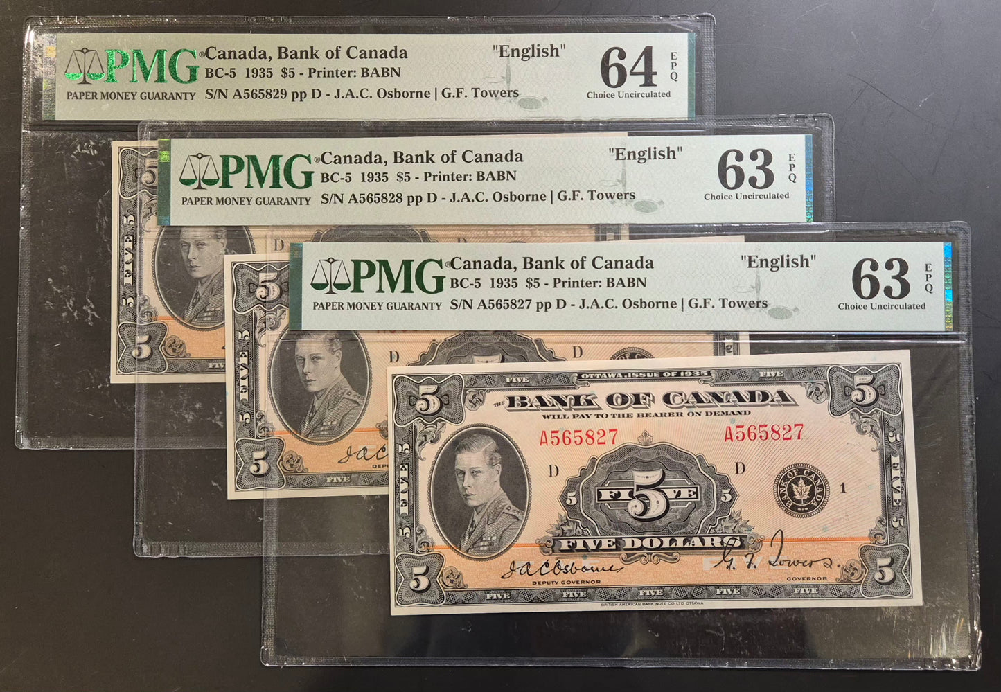 Canada 5 Dollar Paper Money 1935 Set of 3 Consecutive Banknotes