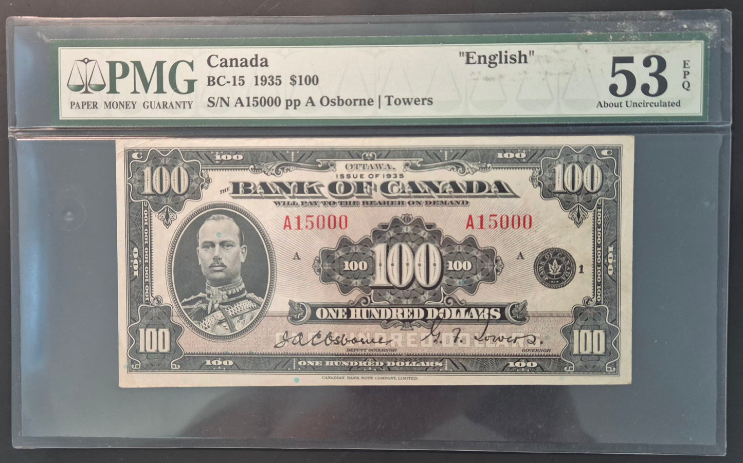 Canada 100 Dollar Paper Money 1935 Serial Number A15000