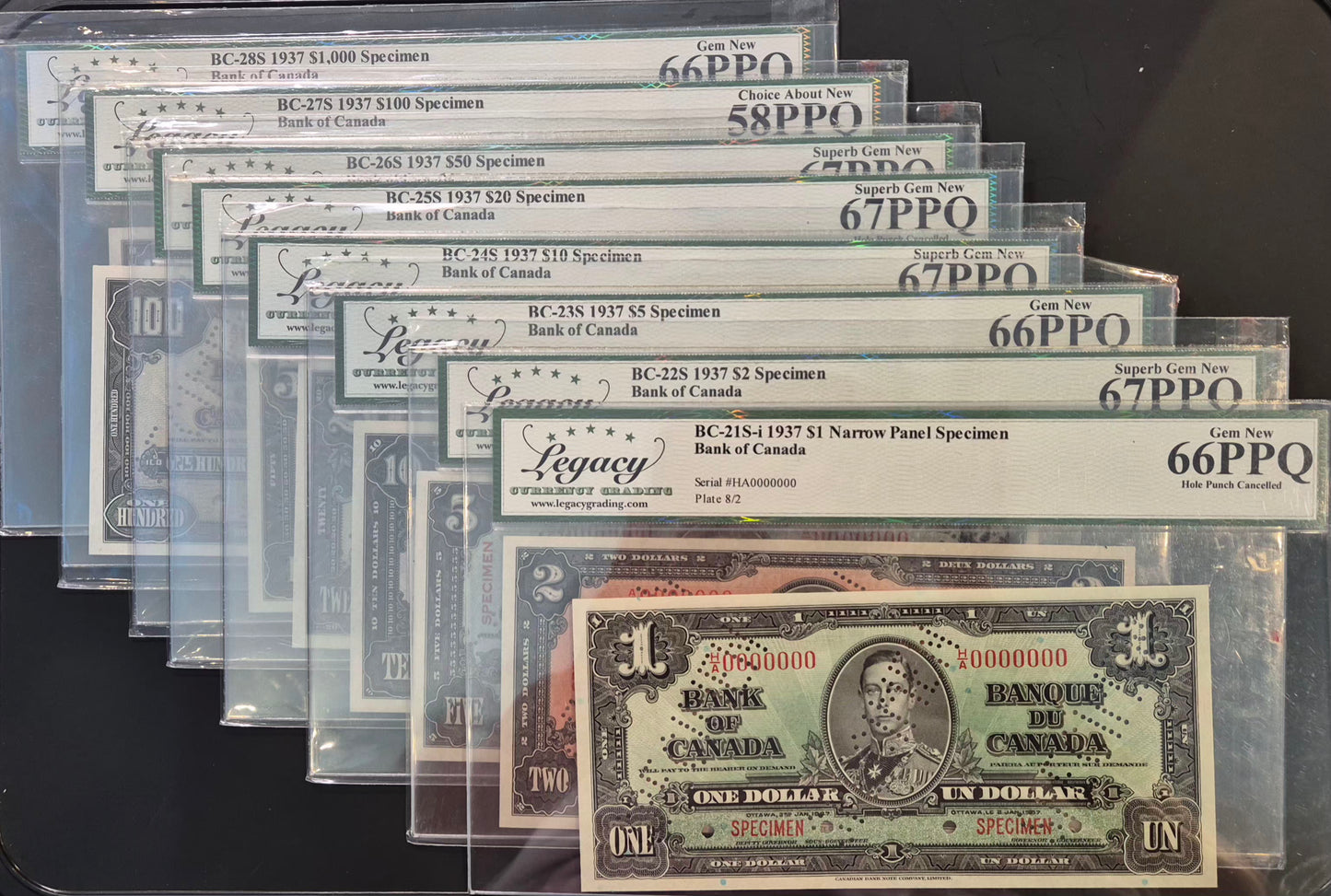 Canada 1937 Specimen Set Paper Money $1 $2 $5 $10 $20 $50 $100 $1000