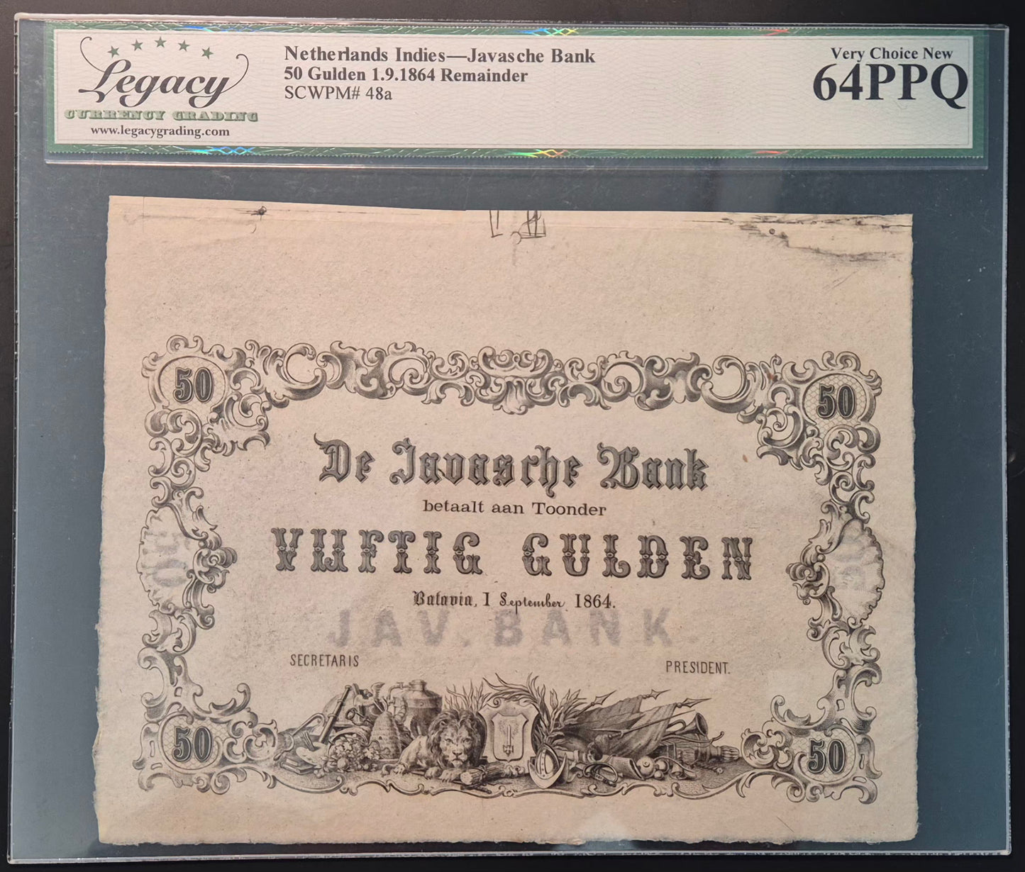 Netherlands Indies (Indonesia) 50 Gulden Paper Money 1.9.1864 Remainder