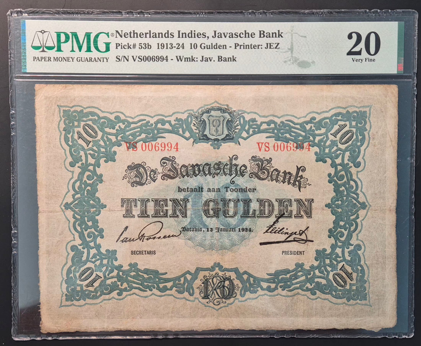 Netherlands Indies (Indonesia) 10 Gulden Paper Money 12.01.1924