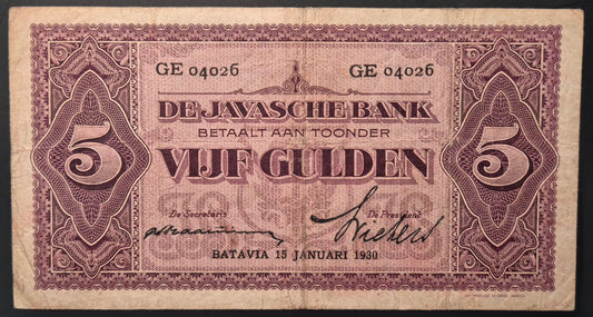Netherlands Indies (Indonesia) 5 Gulden Paper Money 15.01.1930 Prefix GE