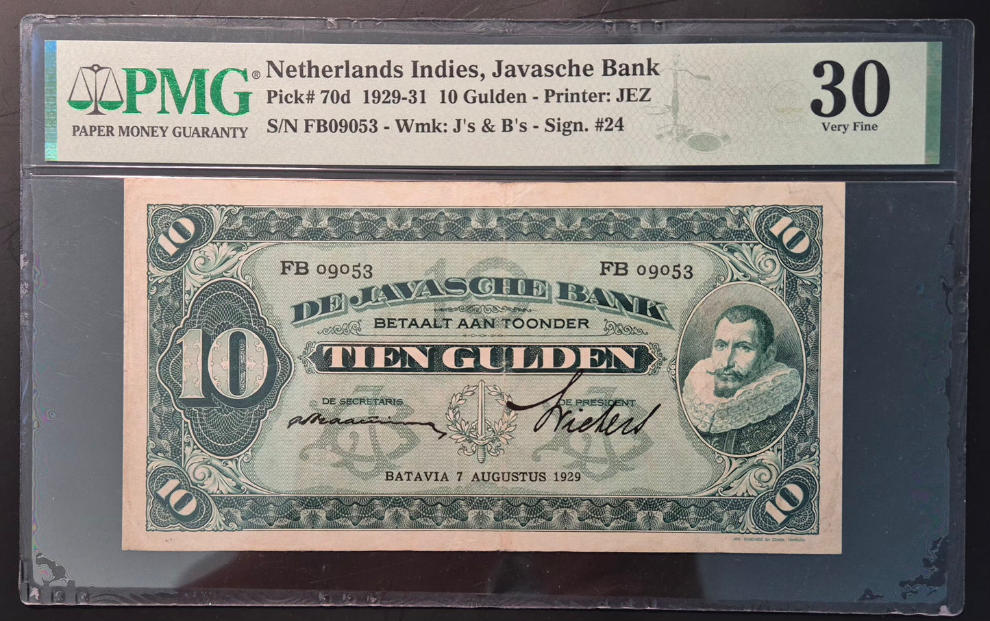 Netherlands Indies (Indonesia) 10 Gulden Paper Money 07.08.1929