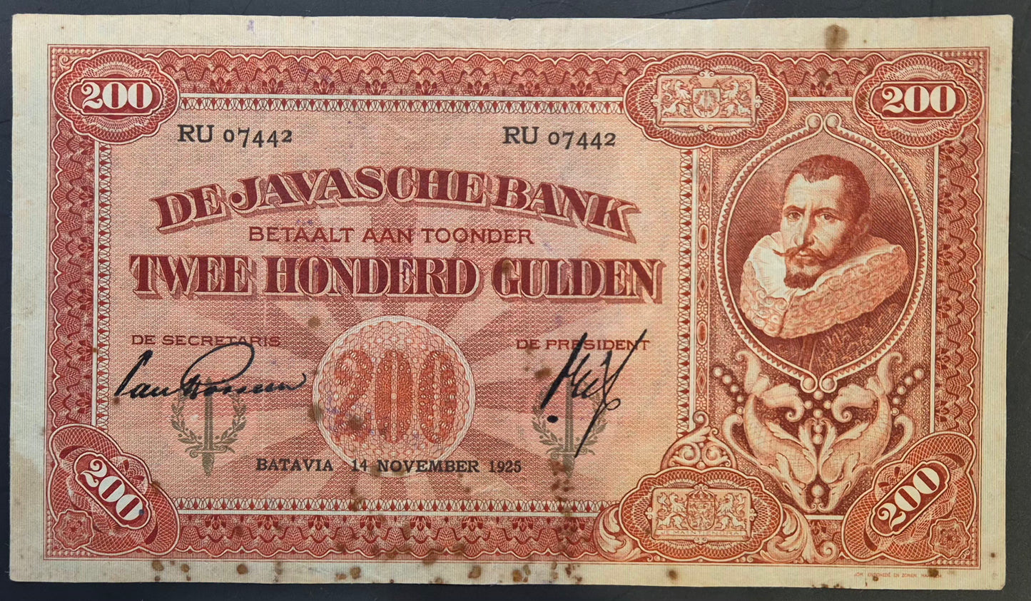 Netherlands Indies (Indonesia) 200 Gulden Paper Money 14.11.1925