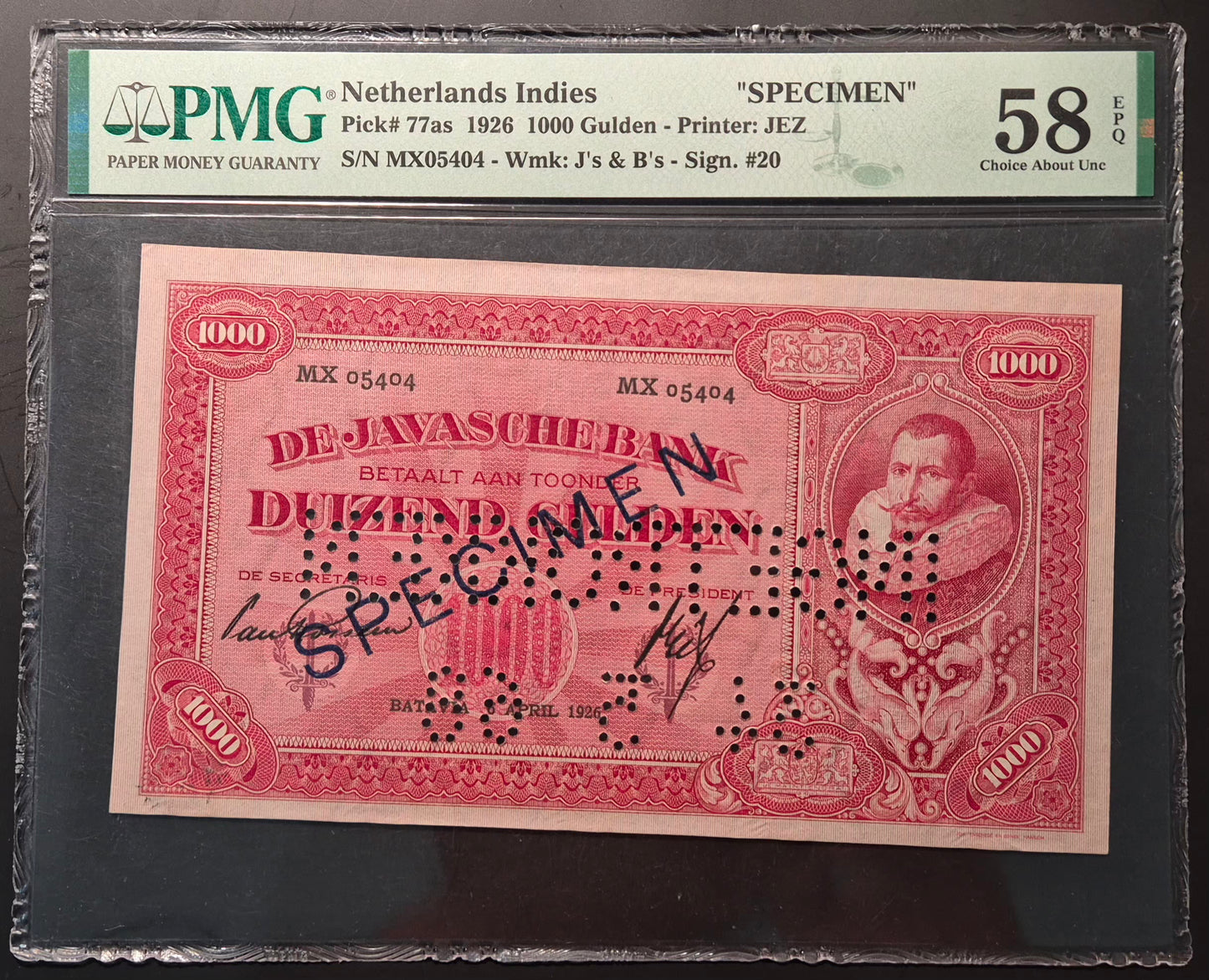 Netherlands Indies (Indonesia) 1000 Gulden Paper Money 06.04.1926 Specimen