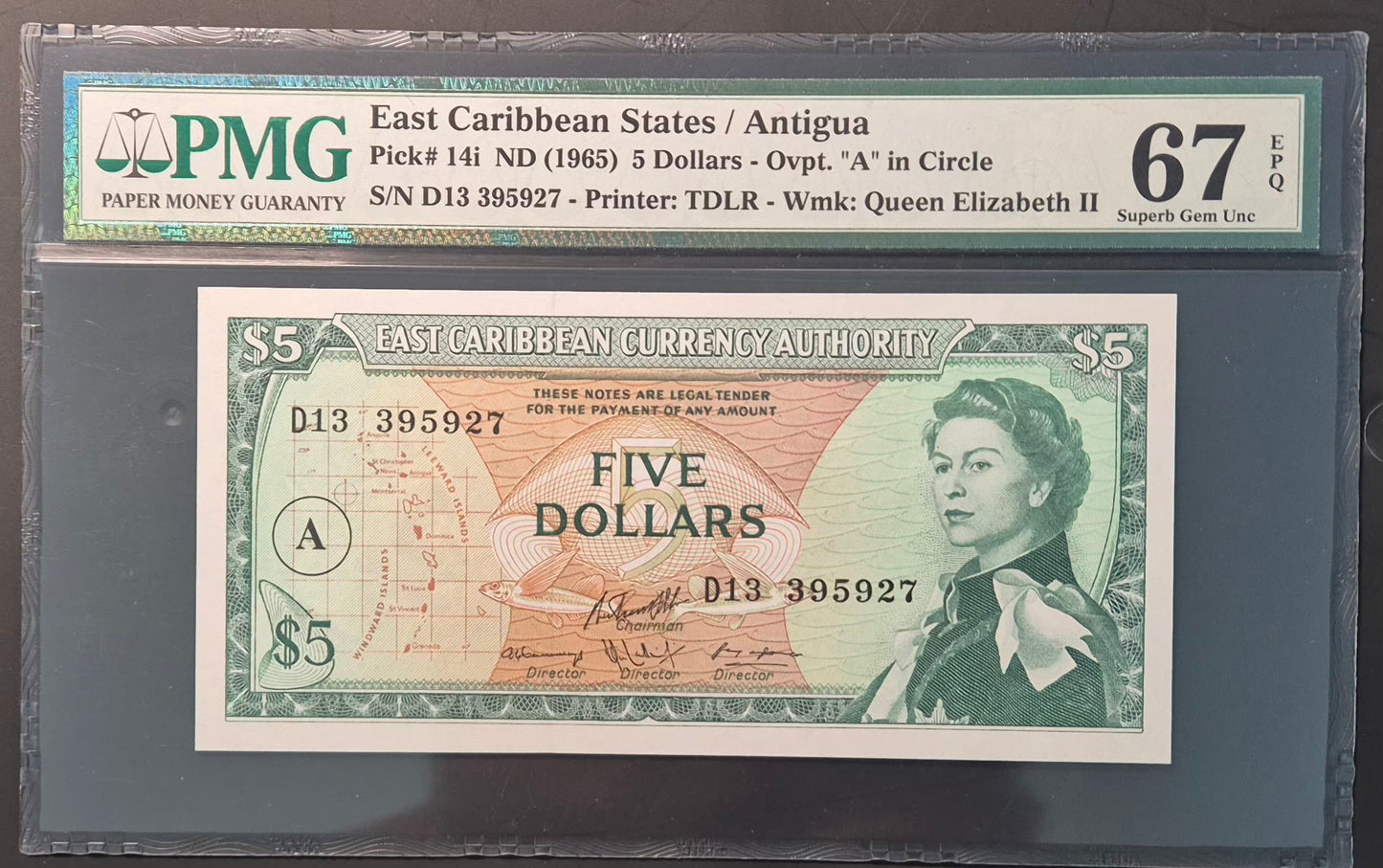 East Caribbean States / Antigua 5 Dollars Paper Money ND 1965 Overprint A