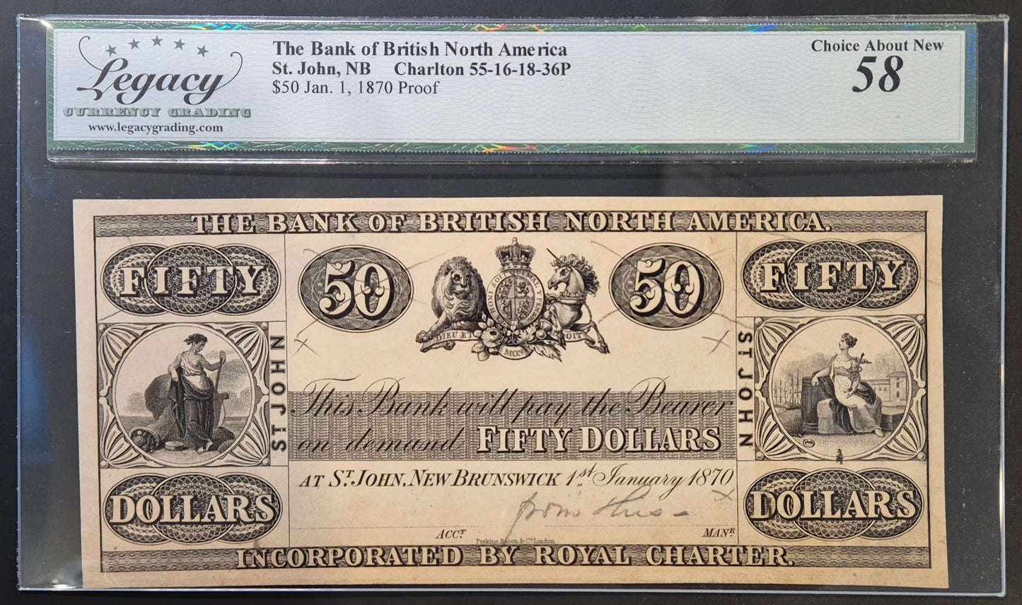 British North America St. John (Canada) 50 Dollars Paper Money 1870 Proof
