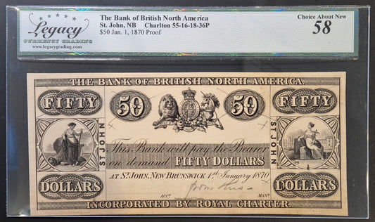 British North America St. John (Canada) 50 Dollars Paper Money 1870 Proof