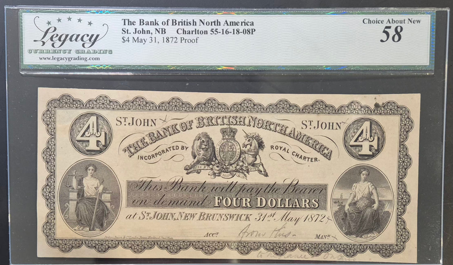 British North America St. John (Canada) 4 Dollars Paper Money 1872 Proof