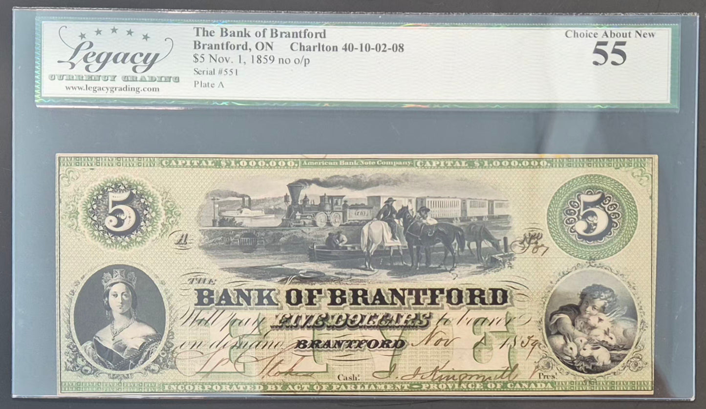 Bank of Brantford (Canada) 5 Dollars Paper Money 1859
