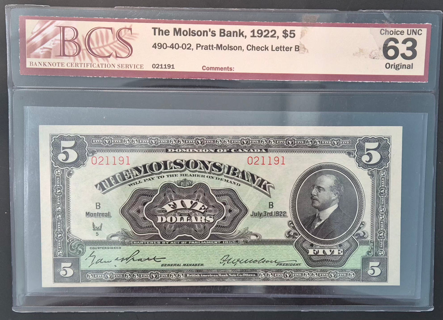 The Molson's Bank (Canada) 5 Dollars Paper Money 1922