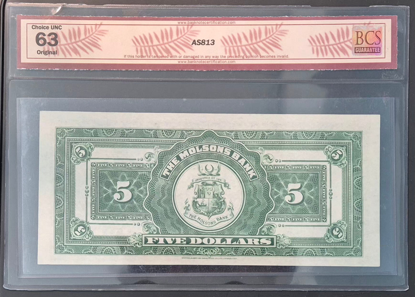 The Molson's Bank (Canada) 5 Dollars Paper Money 1922