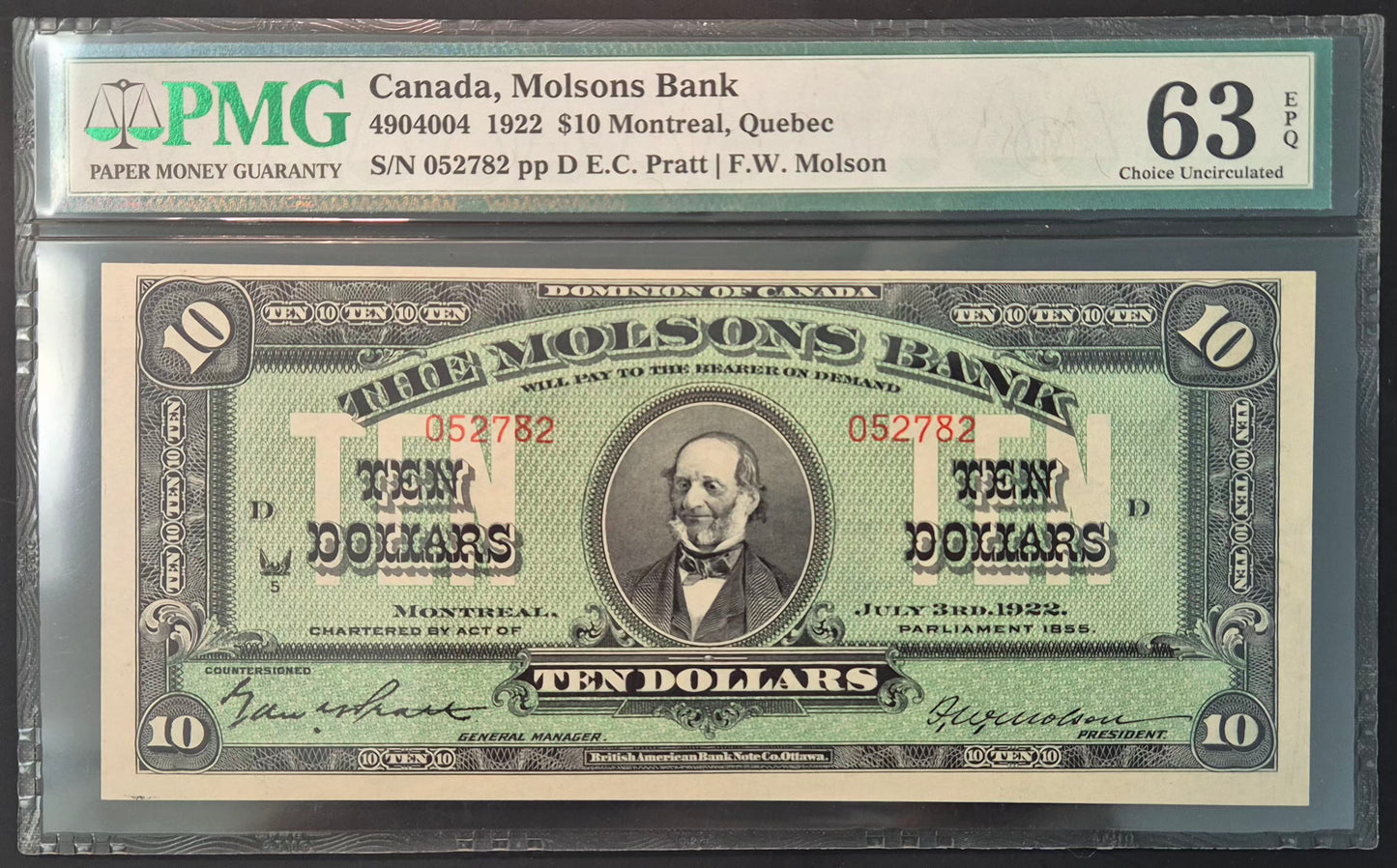 The Molson's Bank (Canada) 10 Dollars Paper Money 1922