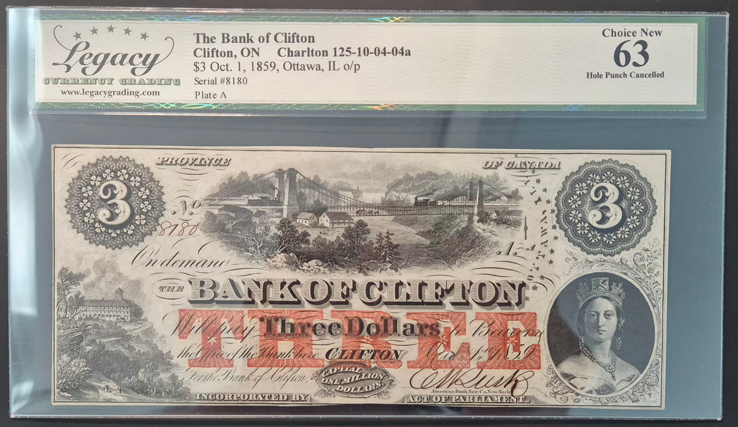 Bank of Clifton (Canada) 3 Dollars Paper Money 1859