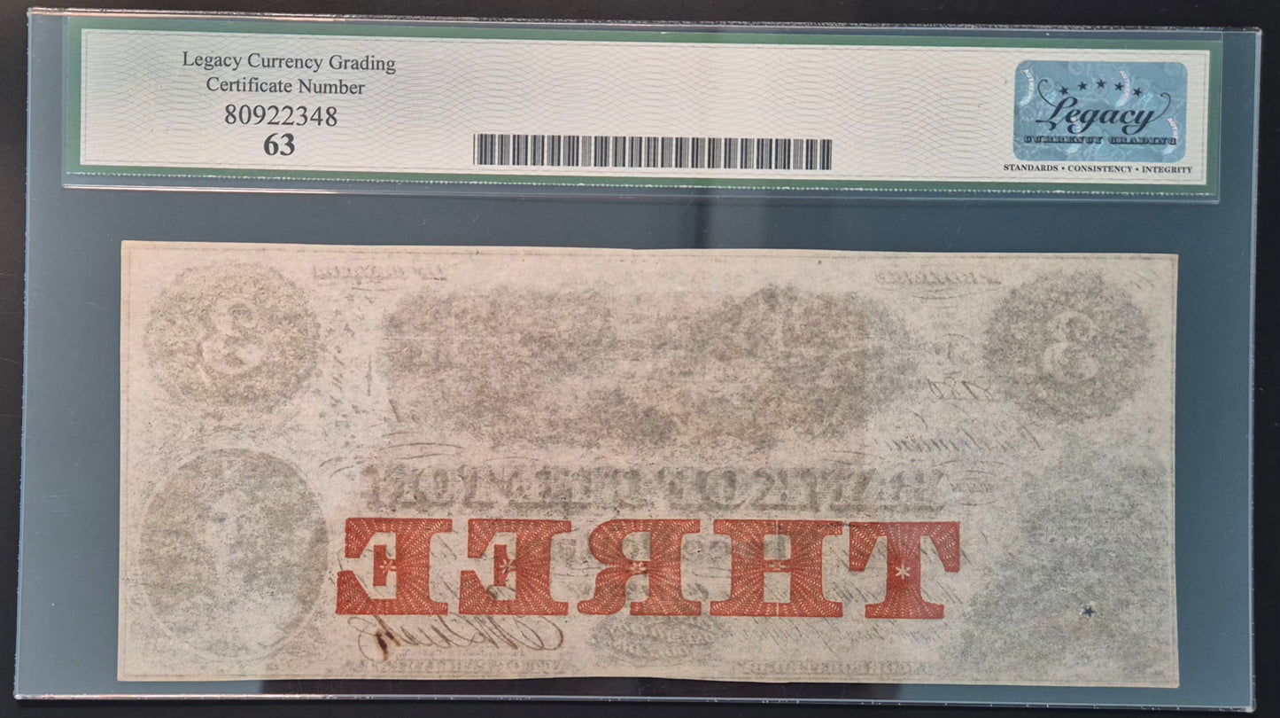 Bank of Clifton (Canada) 3 Dollars Paper Money 1859