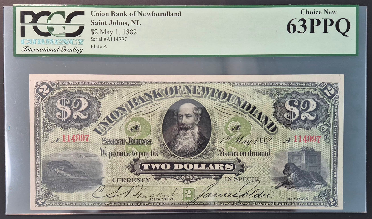 Union Bank of Newfoundland (Canada) 2 Dollars Paper Money 1882