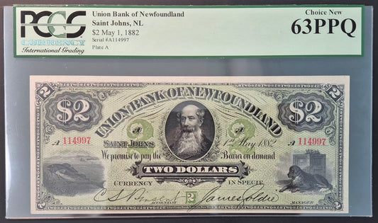 Union Bank of Newfoundland (Canada) 2 Dollars Paper Money 1882
