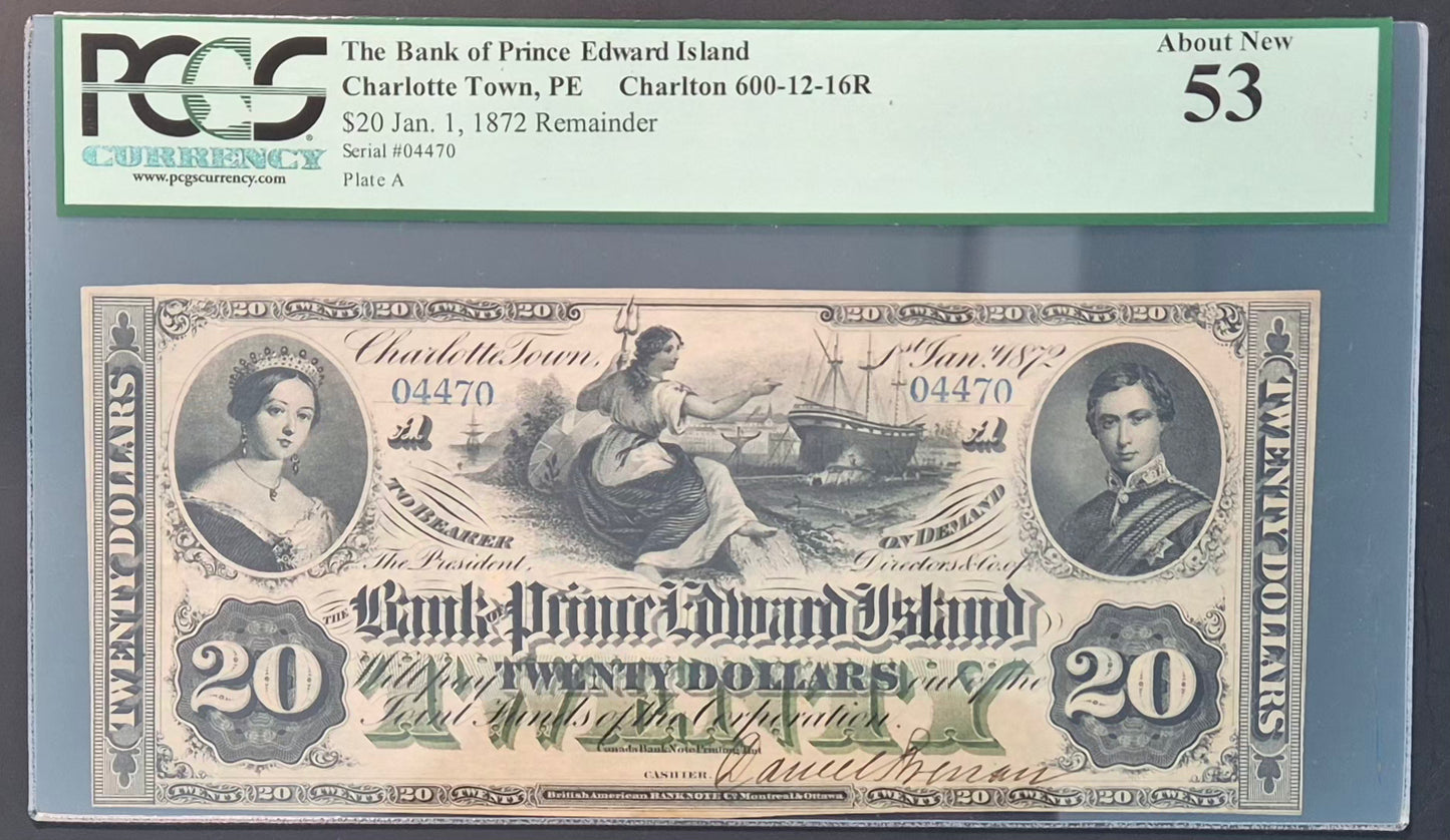 Bank of Prince Edward Island (Canada) 20 Dollars Paper Money 1872 Remainder