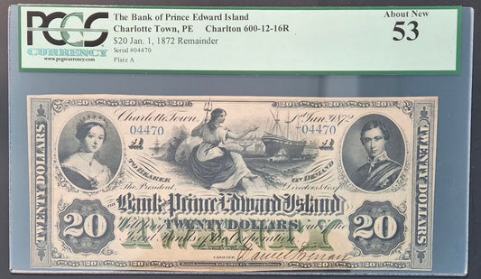 Bank of Prince Edward Island (Canada) 20 Dollars Paper Money 1872 Remainder