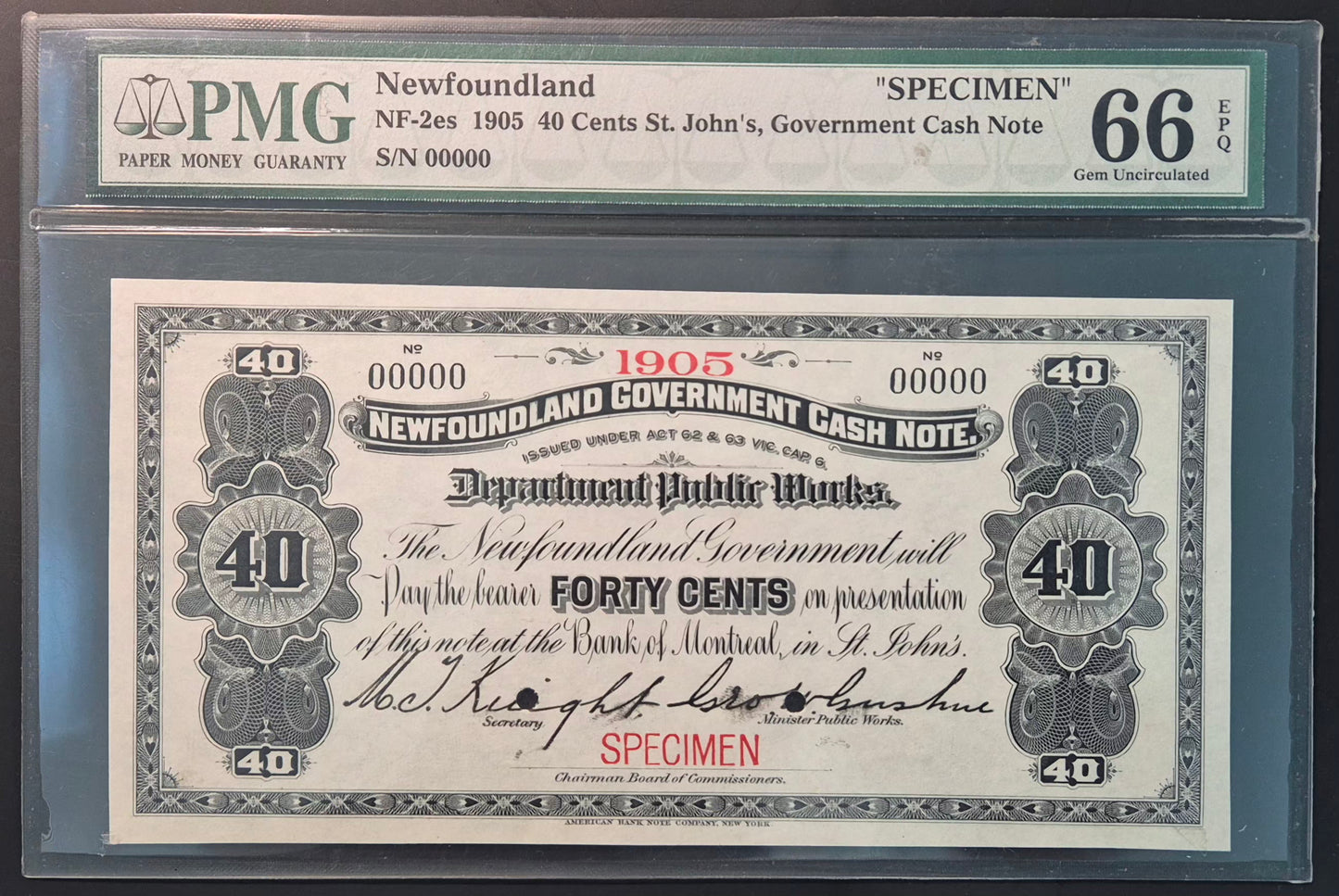 Newfoundland (Canada) 40 Cents Paper Money 1905 Specimen