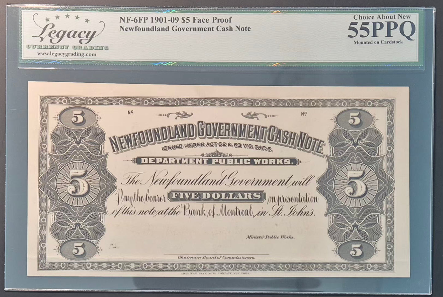Newfoundland (Canada) 5 Dollars Paper Money 1908 Face Proof