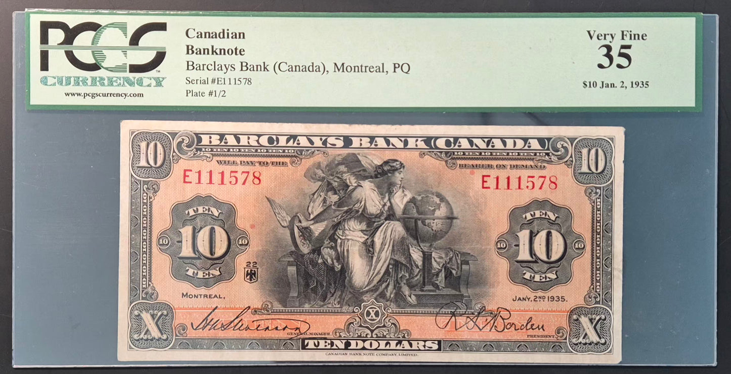 Barclays Bank (Canada) 10 Dollars Paper Money 1935