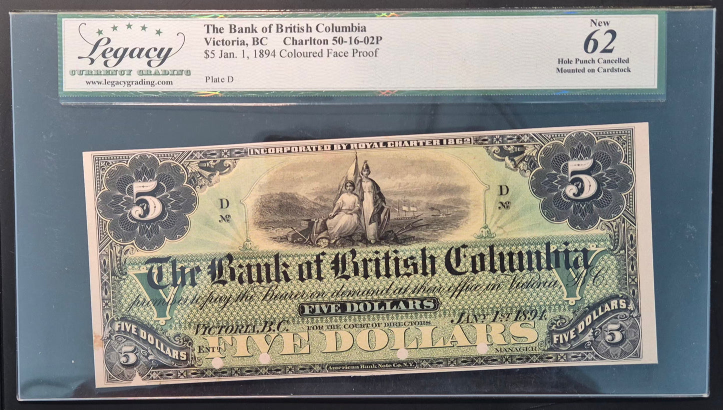 Bank of British Columbia (Canada) 5 Dollars Paper Money 1894 Face Proof