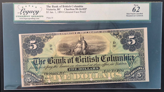 Bank of British Columbia (Canada) 5 Dollars Paper Money 1894 Face Proof