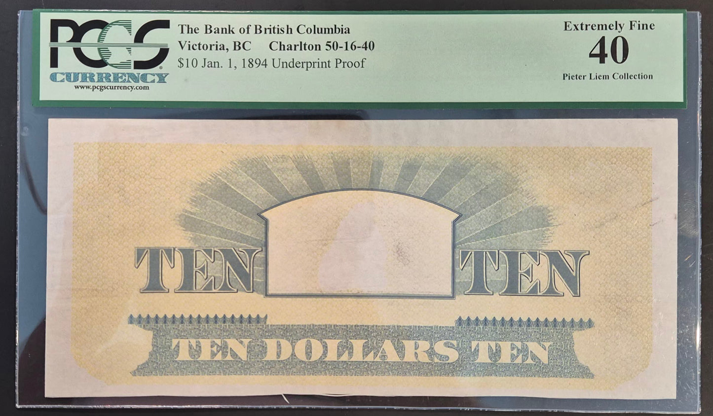 Bank of British Columbia (Canada) 10 Dollars Paper Money 1894 Underprint Proof