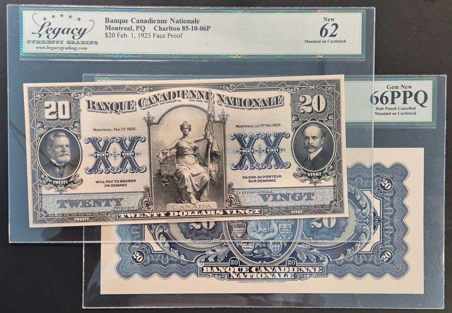 Banque Canadienne Nationale (Canada) French 20 Dollars Paper Money 1925 Face & Back Proof Set