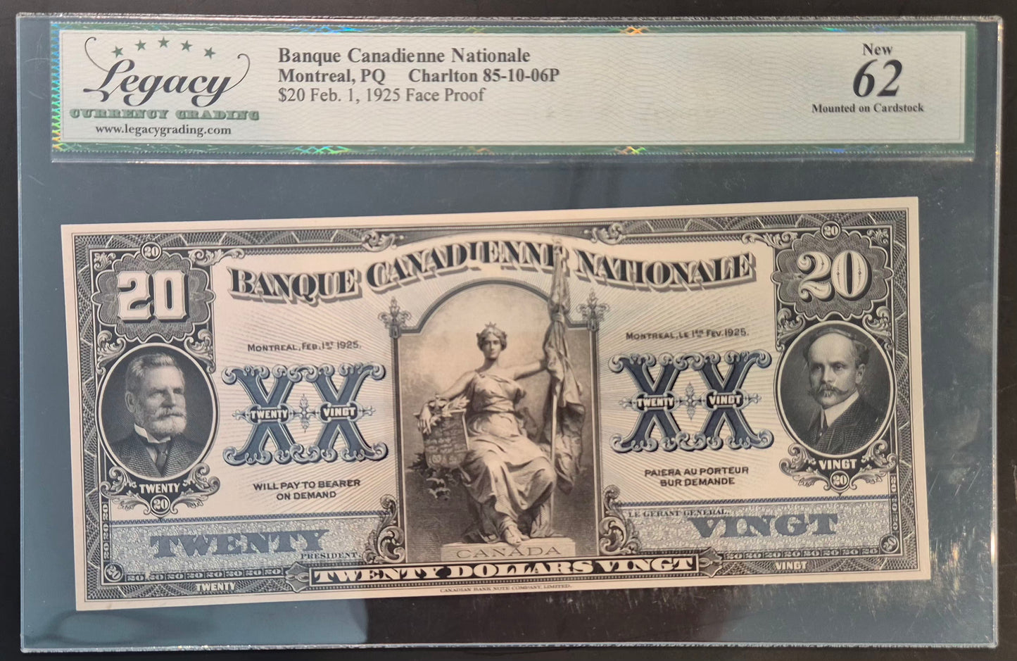 Banque Canadienne Nationale (Canada) French 20 Dollars Paper Money 1925 Face & Back Proof Set