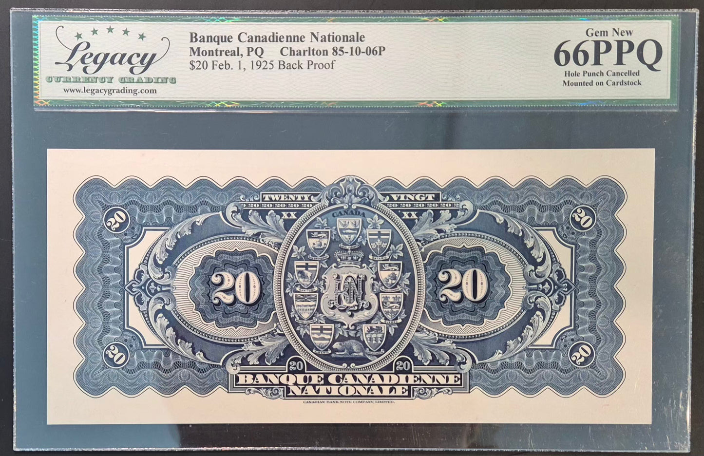 Banque Canadienne Nationale (Canada) French 20 Dollars Paper Money 1925 Face & Back Proof Set