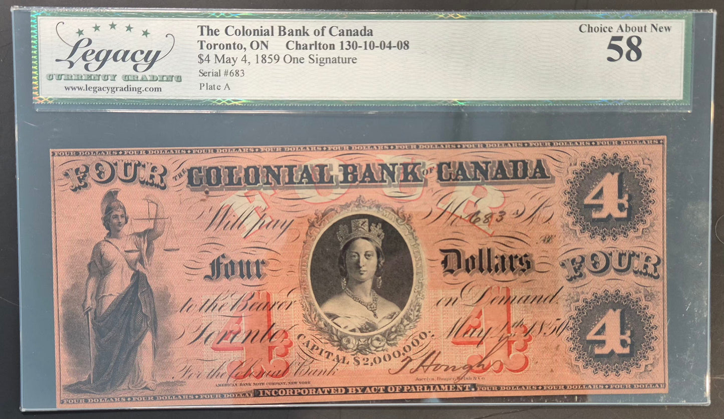 Colonial Bank of Canada 4 Dollars Paper Money 1859