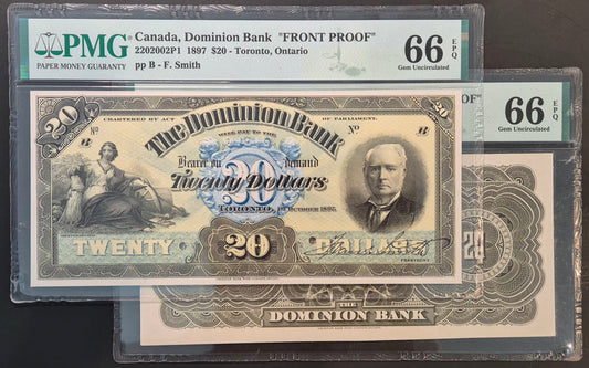 Dominion Bank of Canada 20 Dollars Paper Money 1897 Front & Back Proof Set