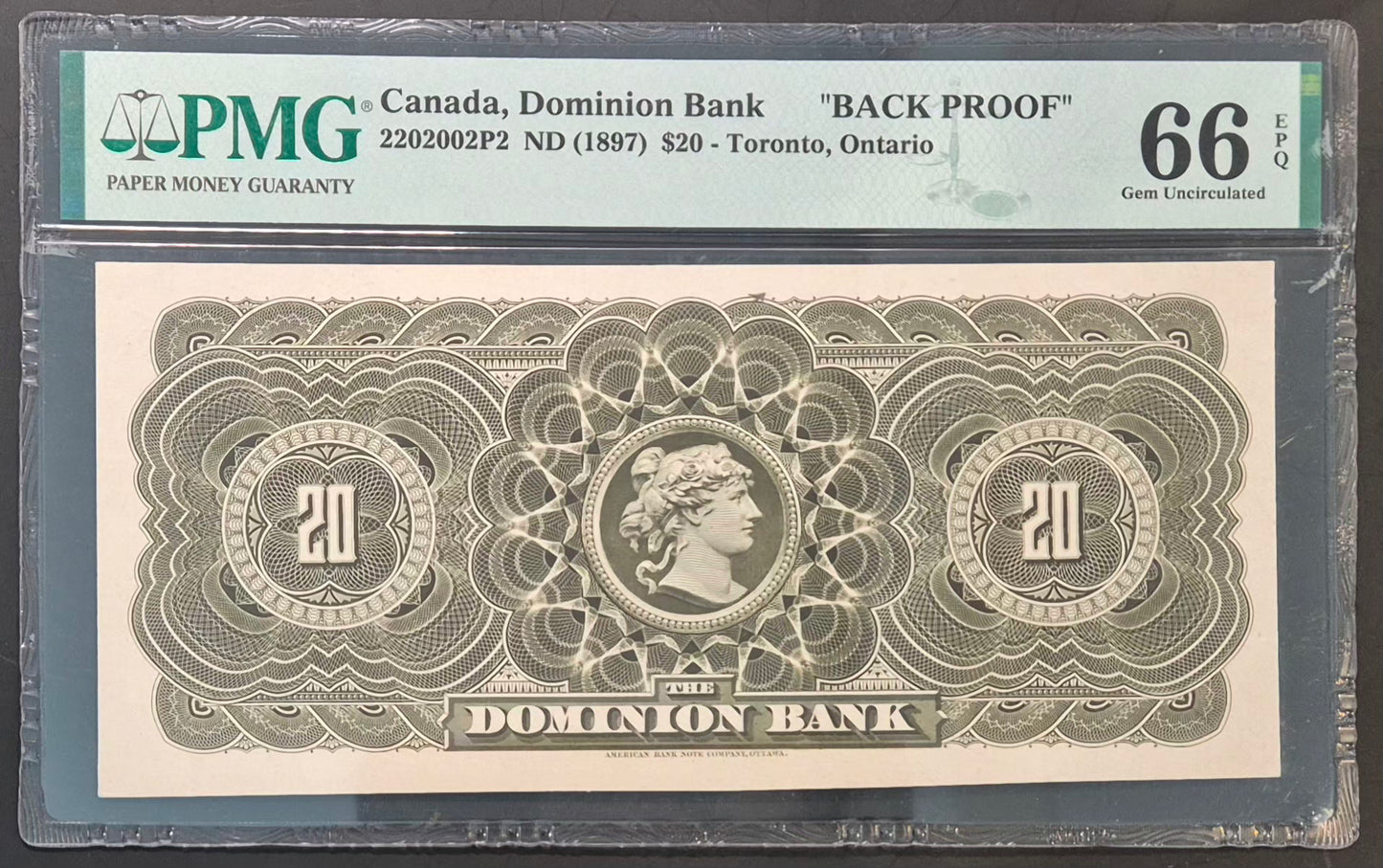 Dominion Bank of Canada 20 Dollars Paper Money 1897 Front & Back Proof Set