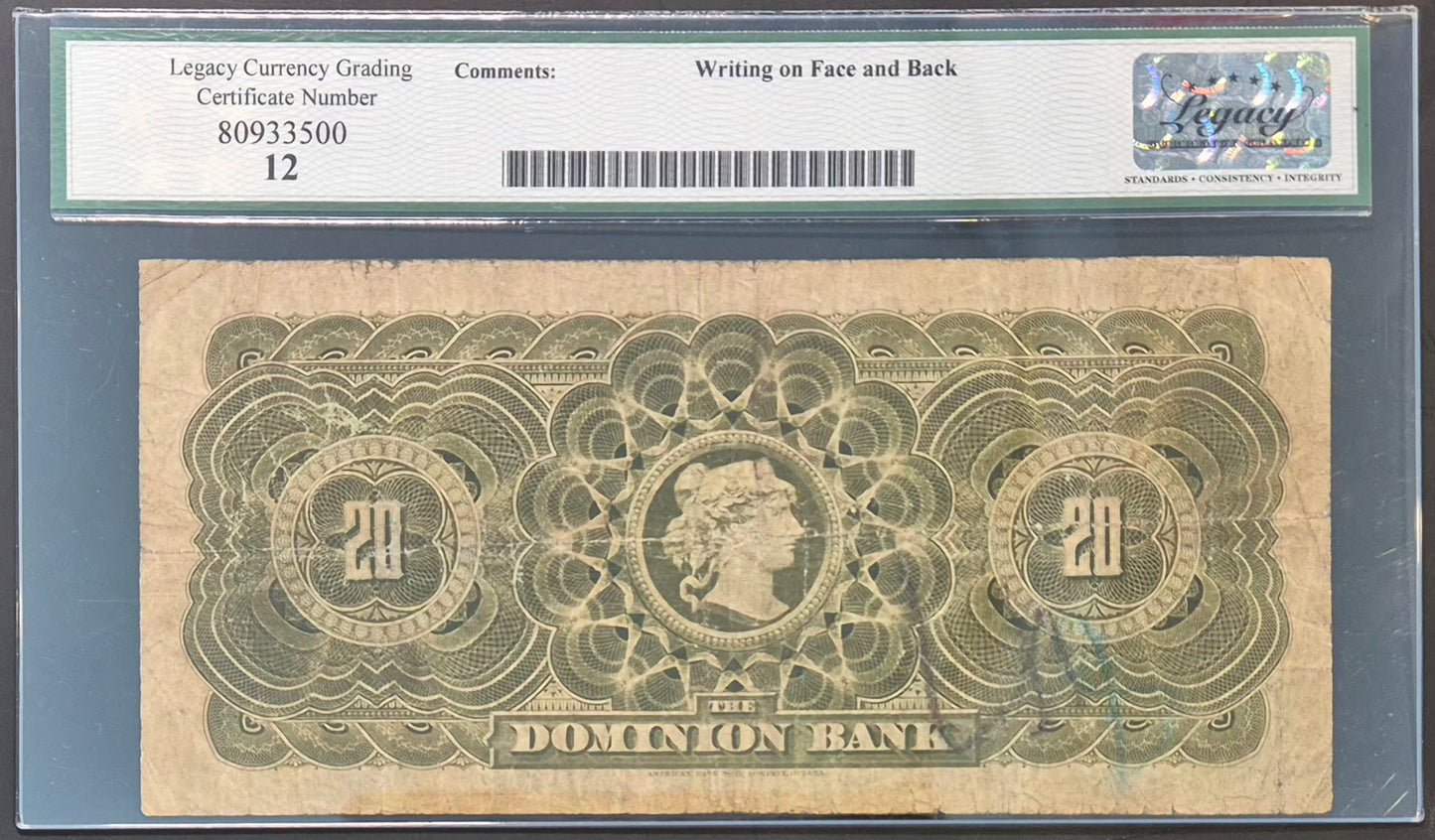 Dominion Bank (Canada) 20 Dollars Paper Money 1909