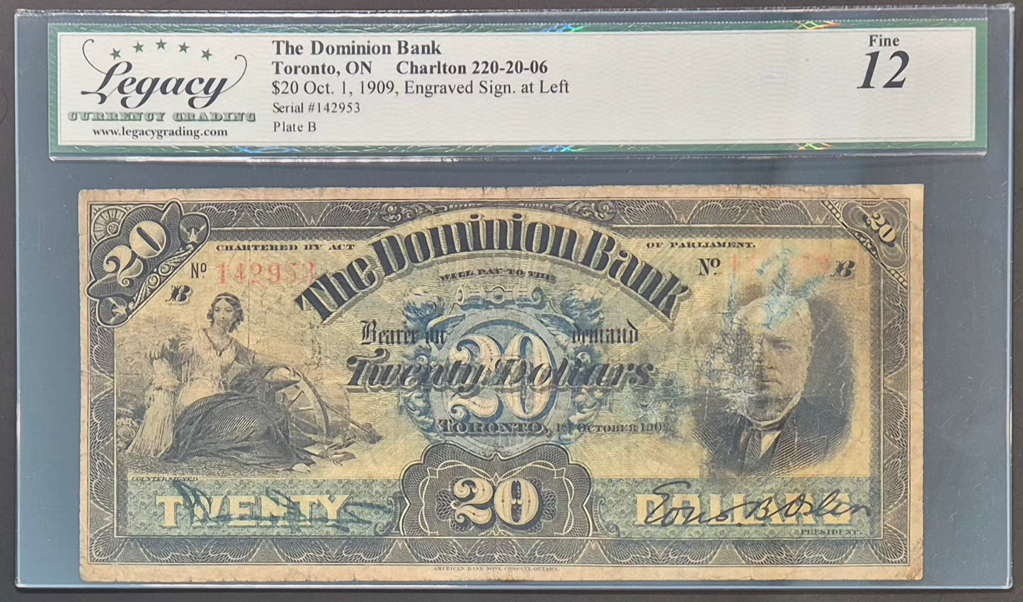 Dominion Bank (Canada) 20 Dollars Paper Money 1909