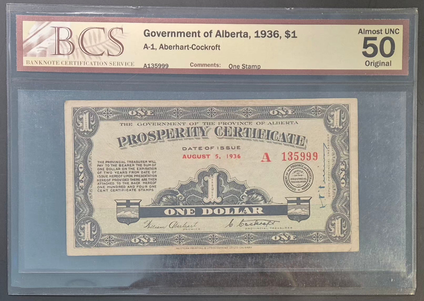 Government of Alberta (Canada) 1 Dollar Prosperity Certificate 1 Stamp Paper Money 1936
