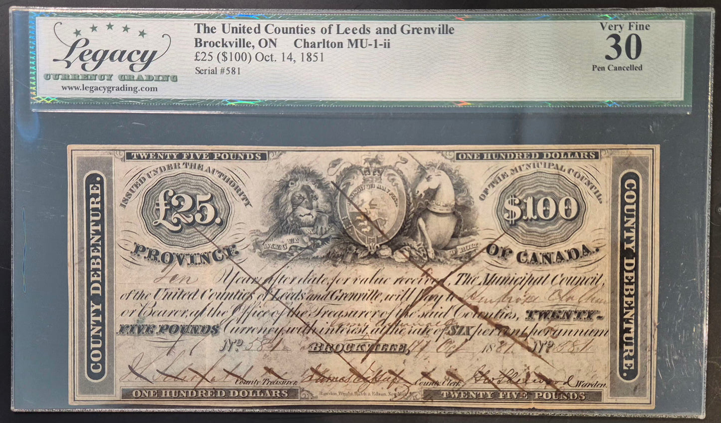 United Counties of Leeds and Grenville (Canada) 25 Pounds / 100 Dollars Paper Money 1851