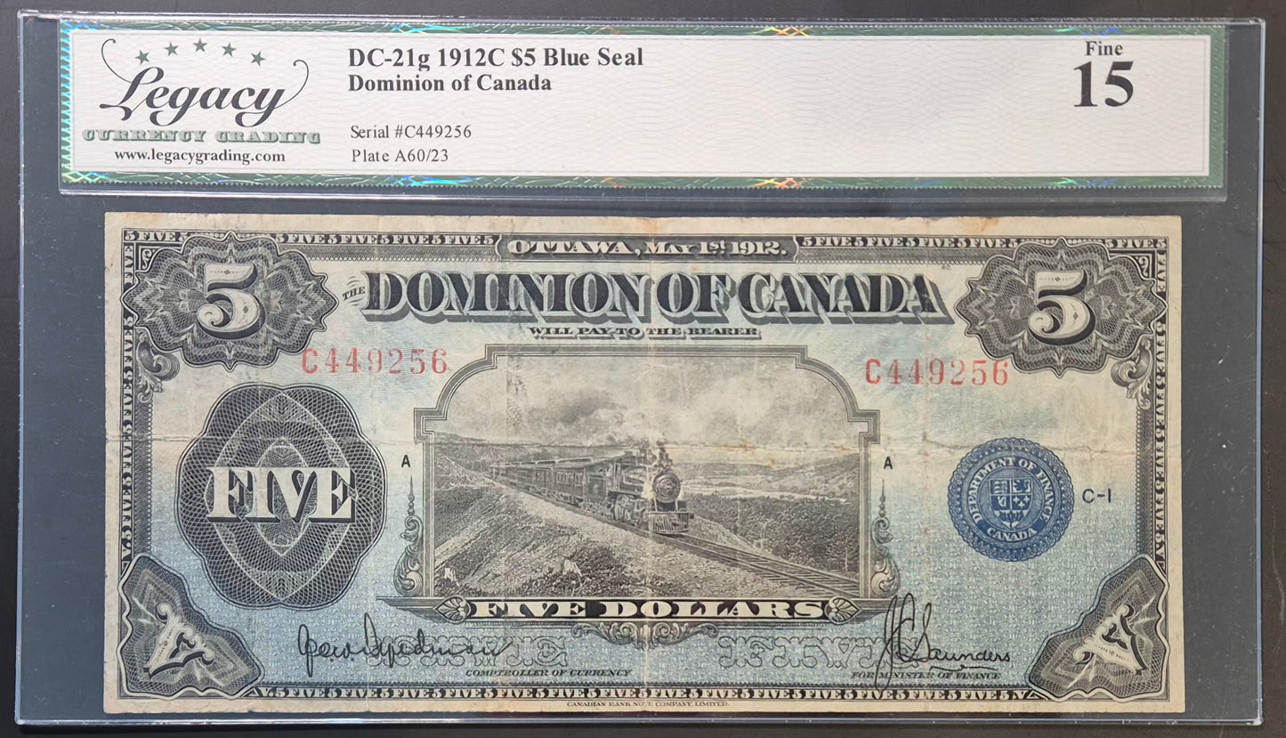 Dominion of Canada 5 Dollars Paper Money 1912C Blue Seal