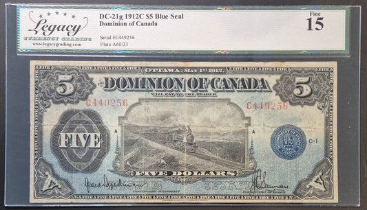 Dominion of Canada 5 Dollars Paper Money 1912C Blue Seal