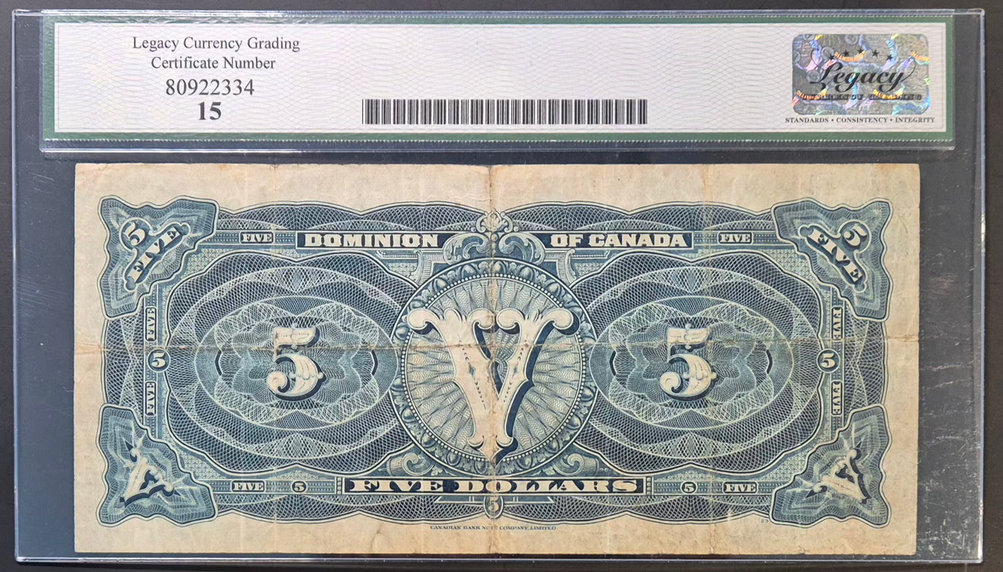 Dominion of Canada 5 Dollars Paper Money 1912C Blue Seal
