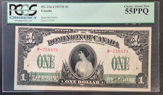 Dominion of Canada 1 Dollar Paper Money 1917M Boville Sig. AU55 PPQ