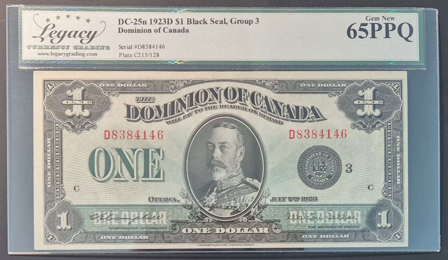 Dominion of Canada 1 Dollar Paper Money 1923D Black Seal Gem UNC65