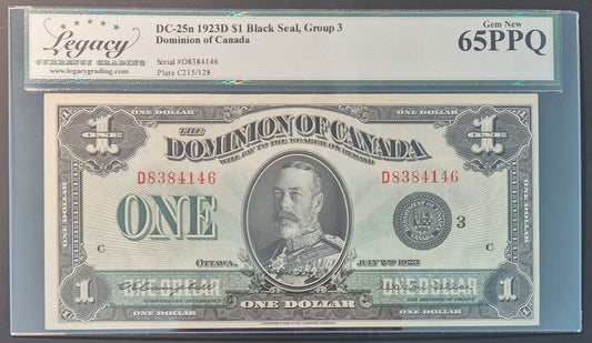 Dominion of Canada 1 Dollar Paper Money 1923D Black Seal Gem UNC65